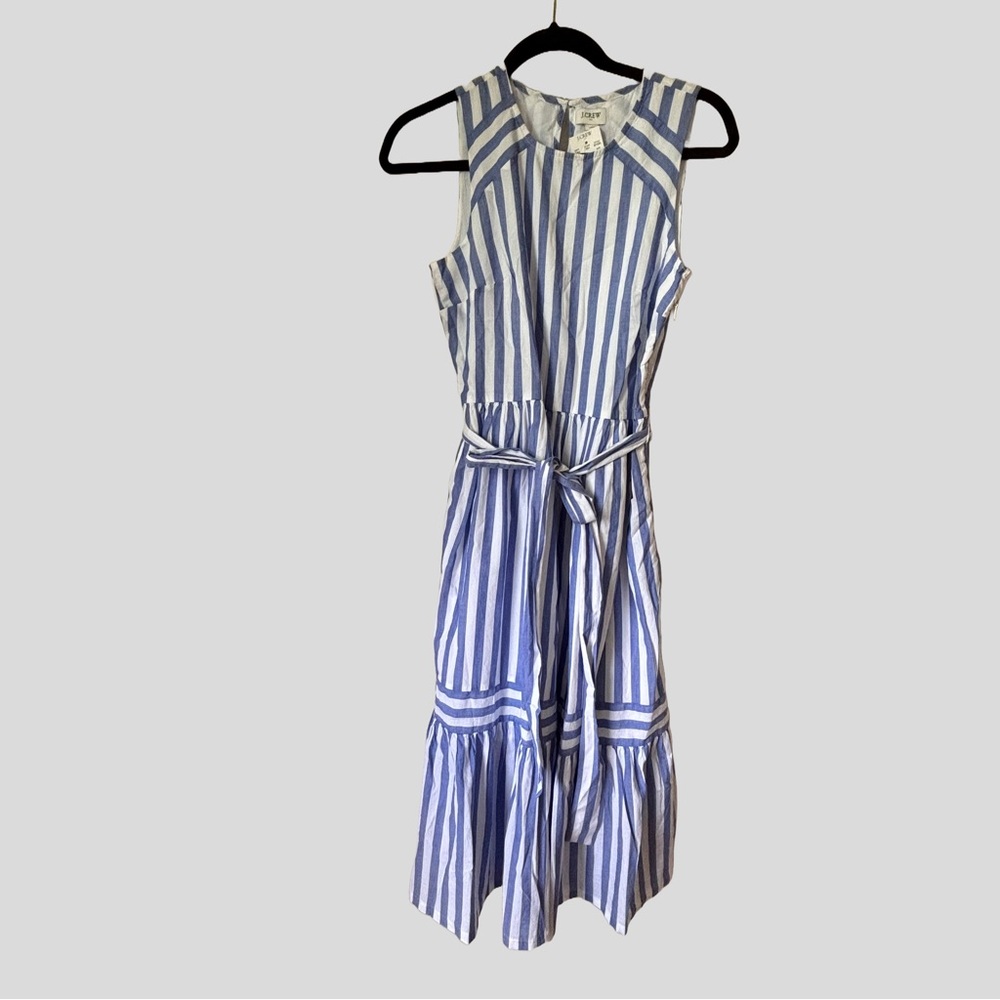 J. Crew 0 Striped Belted Sleeveless Midi Dress Blue/White Pockets Sundress Beach